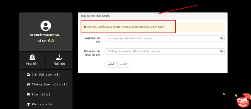 Hệ thống yêu cầu điền mật khẩu rút tiền Win55